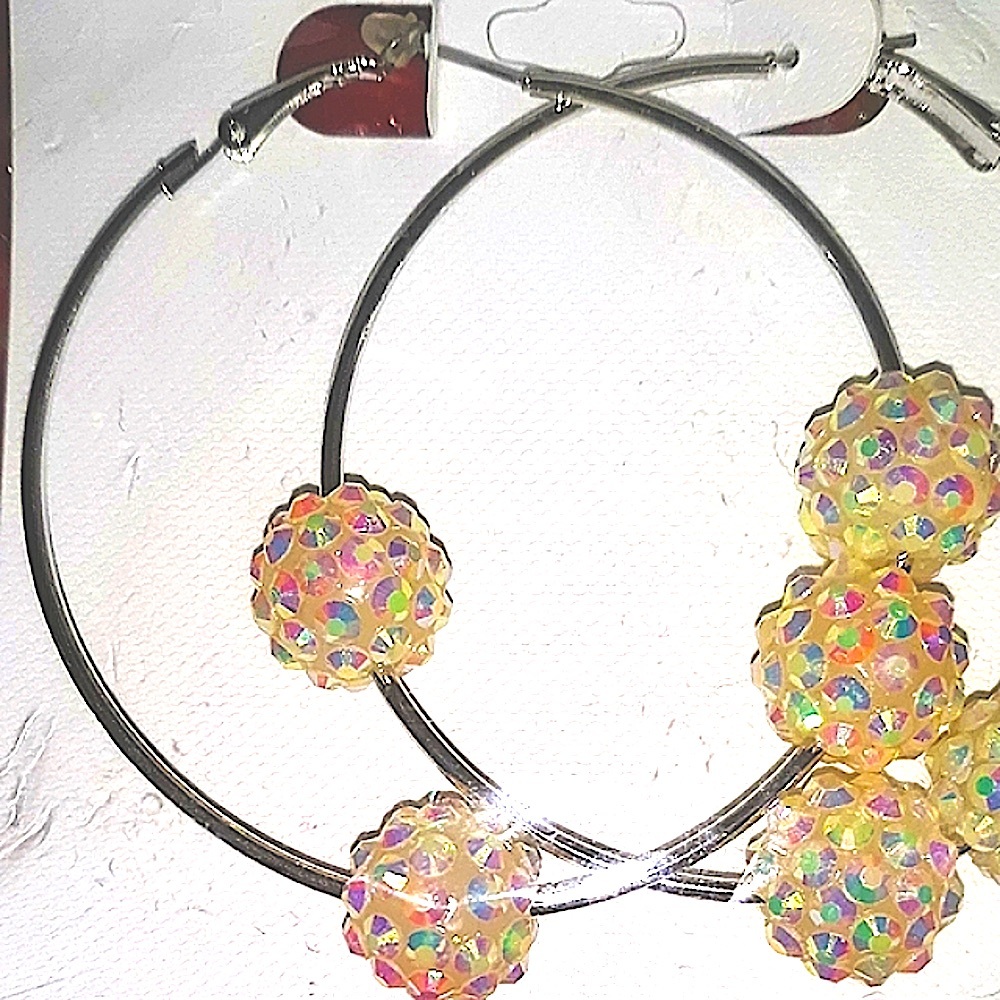 Beautiful Silver Hoop Earrings Large Size 2 1/4" YELLOW Bling Color Beads NEW